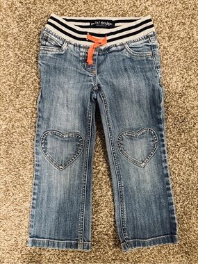 Mini Boden Striped-Waist Blue Denim Straight Leg Jeans with Heart Knees